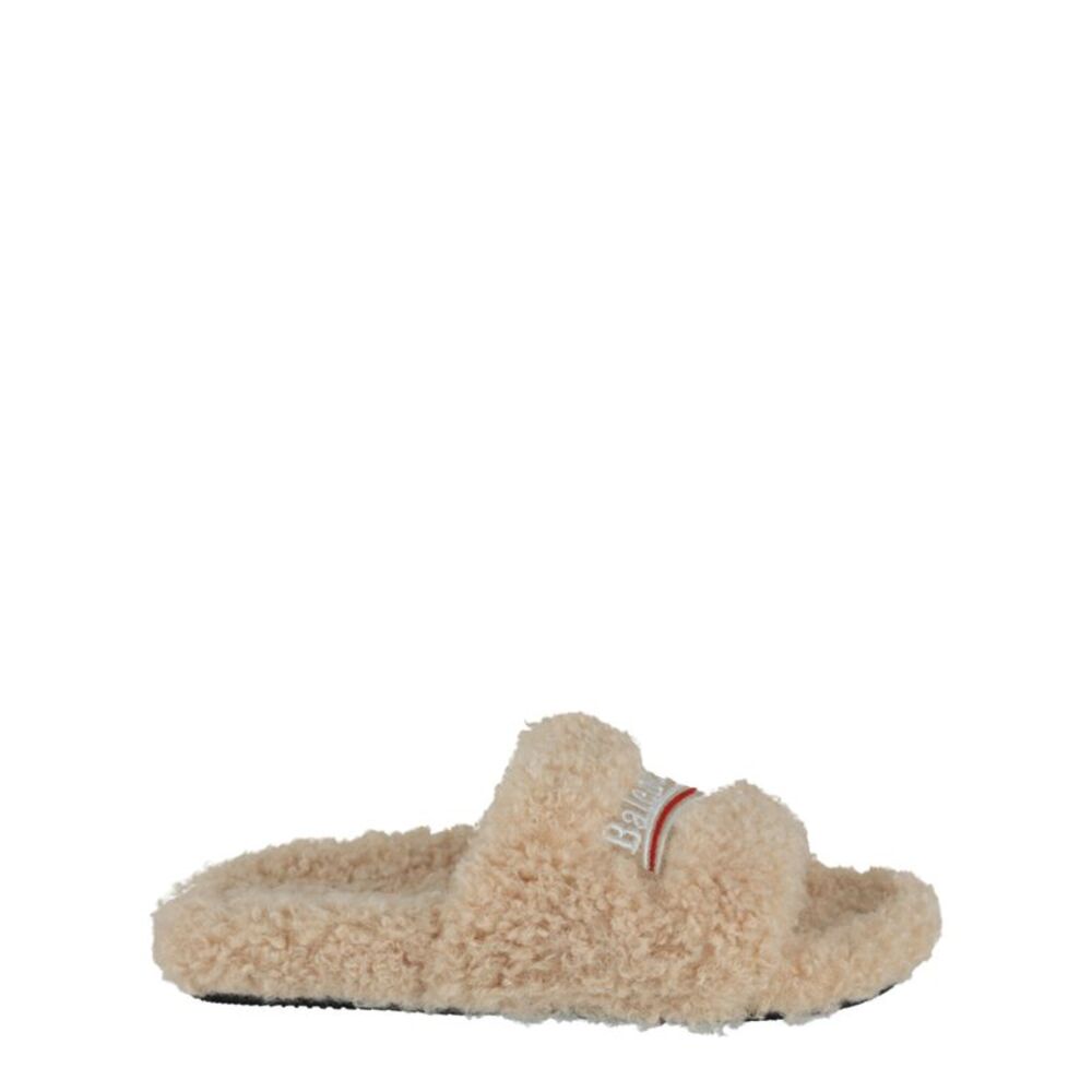 Balenciaga Political Campaign Faux-Shearling Slides Brown Womens